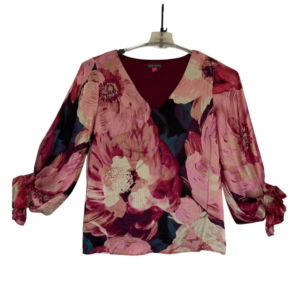 NEW Vince Camuto Floral V-Neck Balloon Sleeve Blouse Rich Black Pink L 91524B070